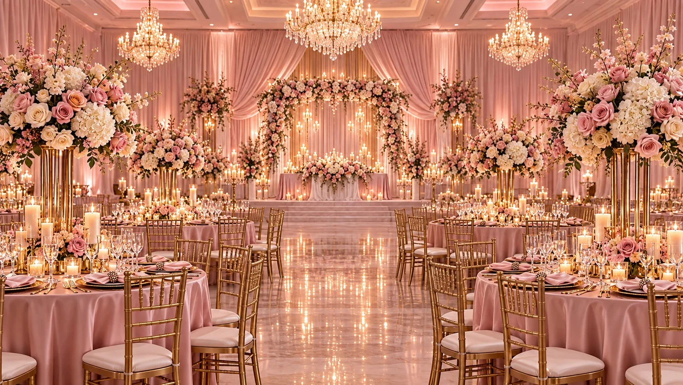 Grand rose-gold wedding ballroom with chandeliers, flowers and candlelight