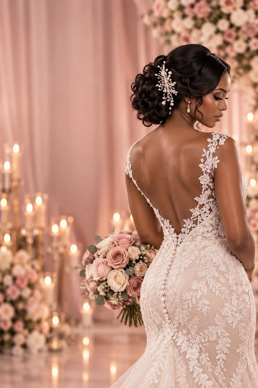 Bride in an ivory lace gown with an elegant crystal hairpiece