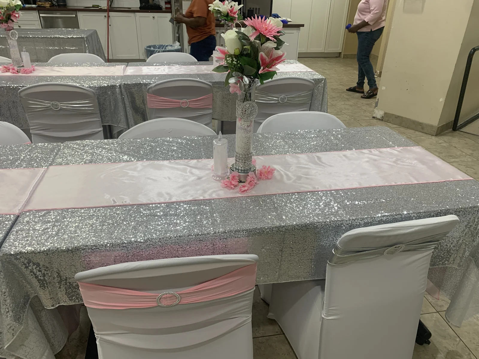 Centrepieces in AMDH’s pink-and-silver Celebration of Life décor